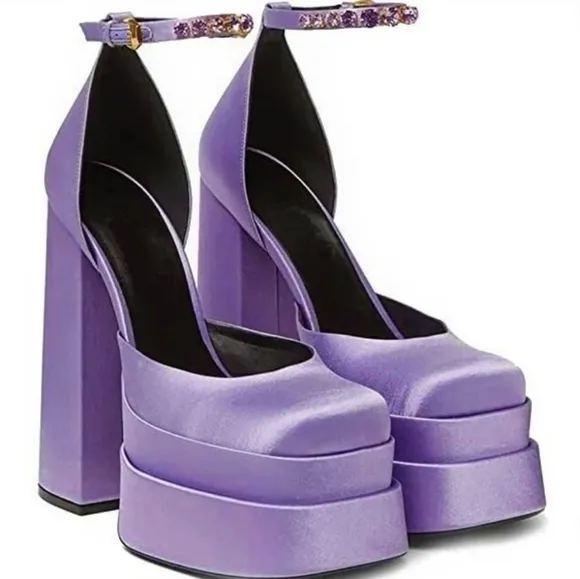 NEW LUXURY LAVENDER SATIN MEDUSA PLATFORM HEELS