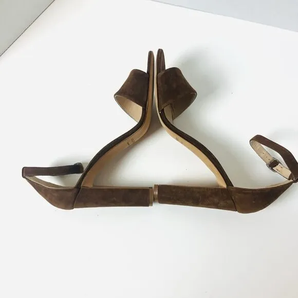 New Manolo Blahnik Lauratop Sandals Brown Suede Sz 38 US 7.5 Ankle Strap Heels