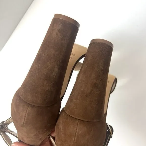 New Manolo Blahnik Lauratop Sandals Brown Suede Sz 38 US 7.5 Ankle Strap Heels