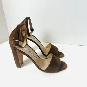 New Manolo Blahnik Lauratop Sandals Brown Suede Sz 38 US 7.5 Ankle Strap Heels
