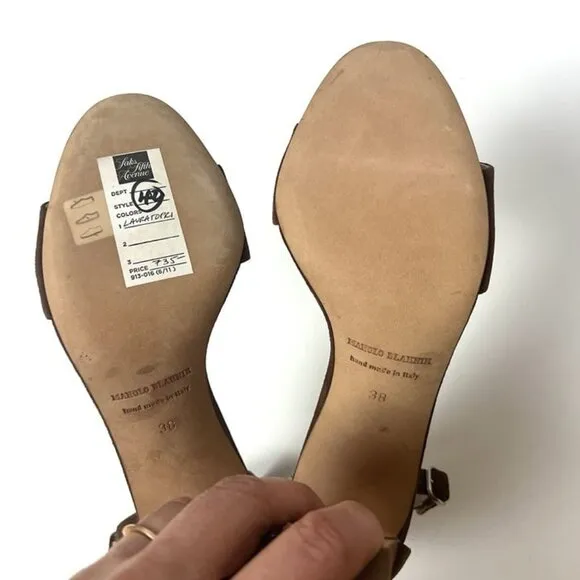 New Manolo Blahnik Lauratop Sandals Brown Suede Sz 38 US 7.5 Ankle Strap Heels