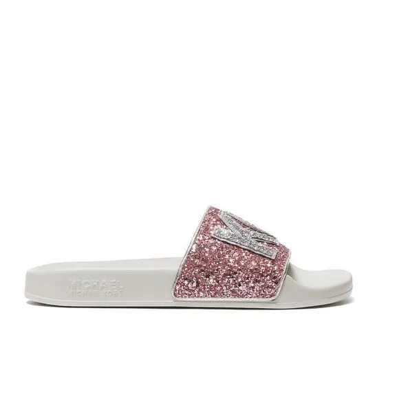 New! MICHAEL KORS Glitter MK Logo Gilmore Slide Sandals Shoes Pink Size 11 NWOB