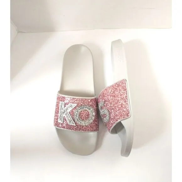 New! MICHAEL KORS Glitter MK Logo Gilmore Slide Sandals Shoes Pink Size 11 NWOB