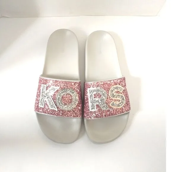New! MICHAEL KORS Glitter MK Logo Gilmore Slide Sandals Shoes Pink Size 11 NWOB