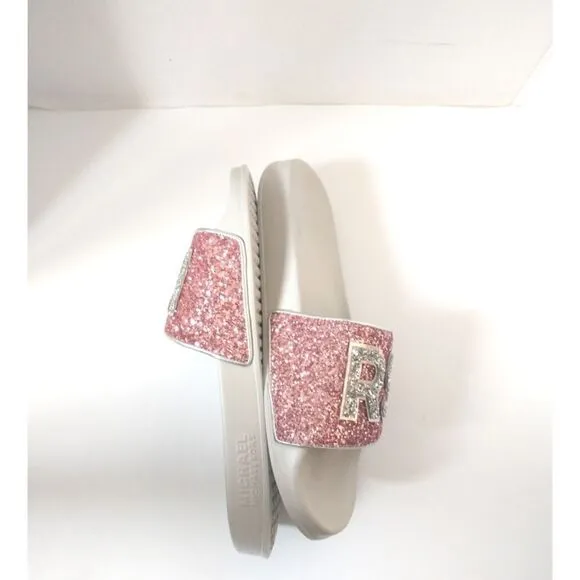 New! MICHAEL KORS Glitter MK Logo Gilmore Slide Sandals Shoes Pink Size 11 NWOB