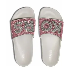 New! MICHAEL KORS Glitter MK Logo Gilmore Slide Sandals Shoes Pink Size 11 NWOB