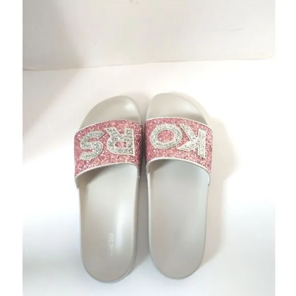 New! MICHAEL KORS Glitter MK Logo Gilmore Slide Sandals Shoes Pink Size 11 NWOB