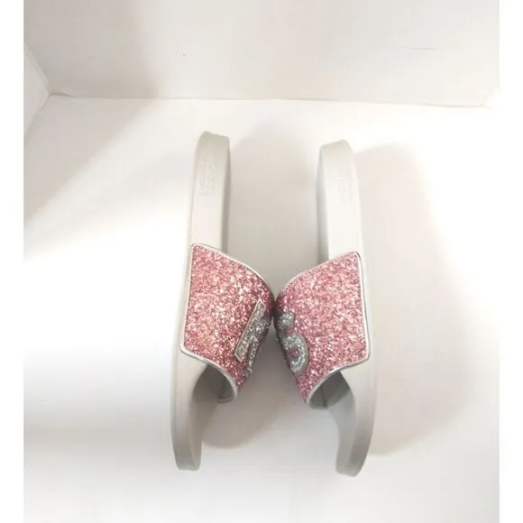 New! MICHAEL KORS Glitter MK Logo Gilmore Slide Sandals Shoes Pink Size 11 NWOB