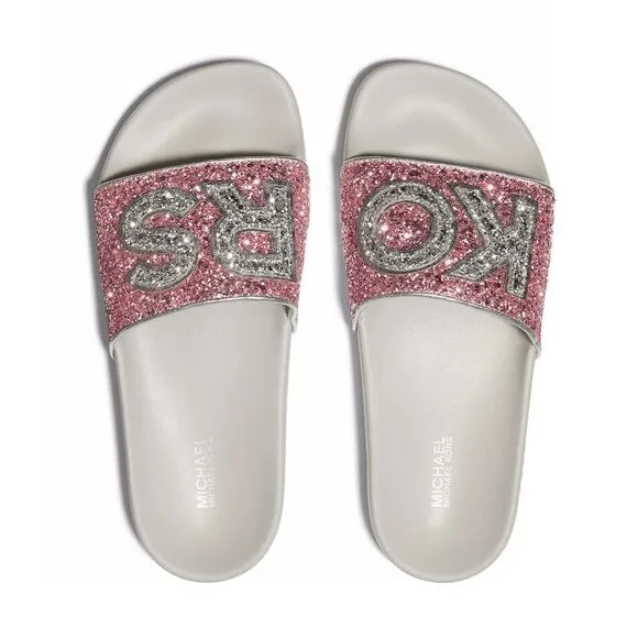 New! MICHAEL KORS Glitter MK Logo Gilmore Slide Sandals Shoes Pink Size 11 NWOB