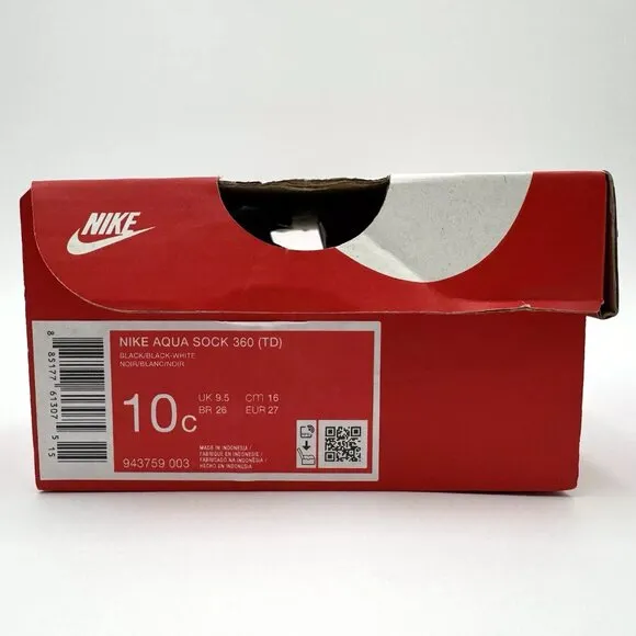 NEW Nike Aqua Sock 360 Shoes Toddler Kid's 943759-003 Black White Sizes 8 9 10