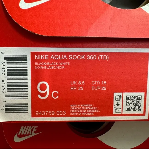 NEW Nike Aqua Sock 360 Shoes Toddler Kid's 943759-003 Black White Sizes 8 9 10