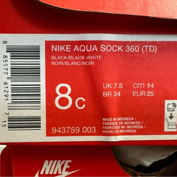 NEW Nike Aqua Sock 360 Shoes Toddler Kid's 943759-003 Black White Sizes 8 9 10