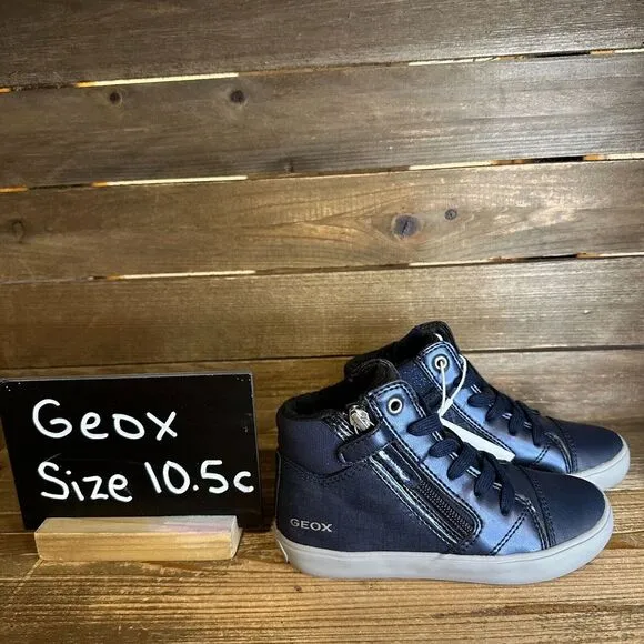 New NWOB Little Kids Geox Blue Leather Glitter Hi-Top Sneakers Shoes Size 10.5 C
