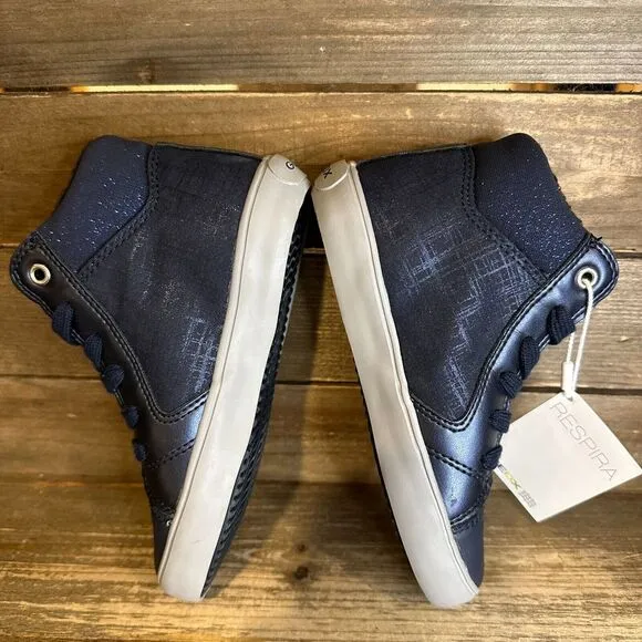 New NWOB Little Kids Geox Blue Leather Glitter Hi-Top Sneakers Shoes Size 10.5 C