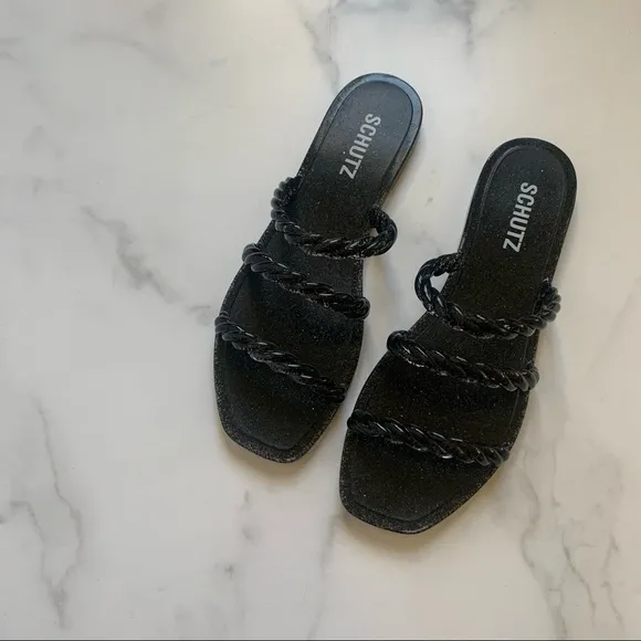 New Schutz The Diana black glitter strappy jelly sandals Size 8