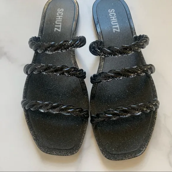 New Schutz The Diana black glitter strappy jelly sandals Size 8