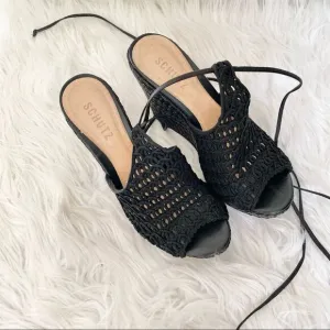 NEW SCHUTZ black woven leather fabric tie ankle wedges sandals 6.5 EUR 37