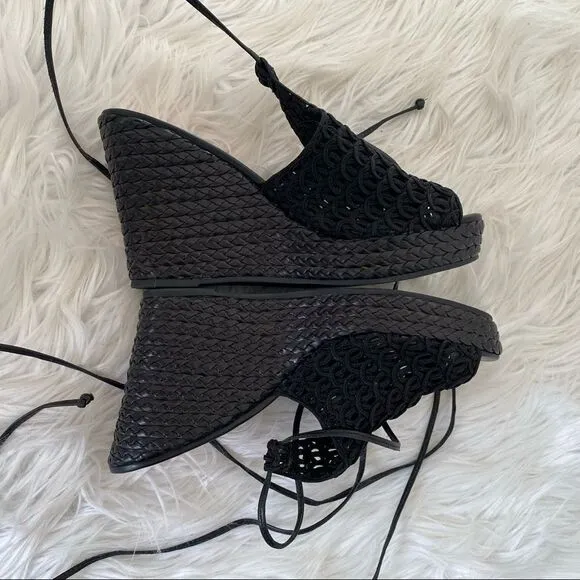 NEW SCHUTZ black woven leather fabric tie ankle wedges sandals 6.5 EUR 37
