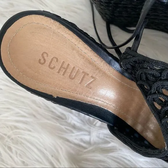 NEW SCHUTZ black woven leather fabric tie ankle wedges sandals 6.5 EUR 37