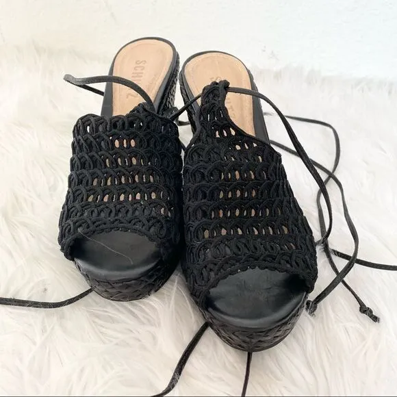 NEW SCHUTZ black woven leather fabric tie ankle wedges sandals 6.5 EUR 37