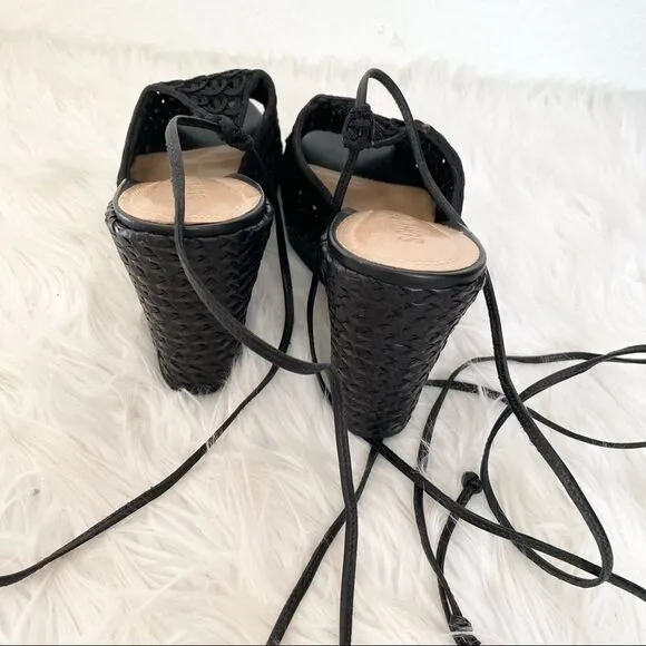 NEW SCHUTZ black woven leather fabric tie ankle wedges sandals 6.5 EUR 37