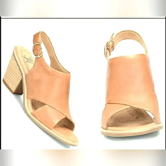 New Sofft Tan Leather Slingback  Block Heel Sandals Size 11