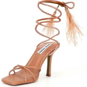 New STEVE MADDEN Bryden Tan Feather Lace-up Sandal Square Toe Stiletto SZ 9.5