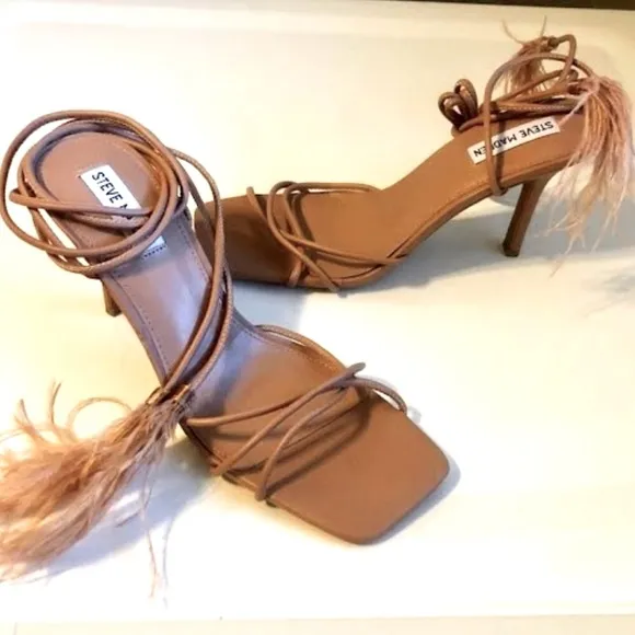 New STEVE MADDEN Bryden Tan Feather Lace-up Sandal Square Toe Stiletto SZ 9.5