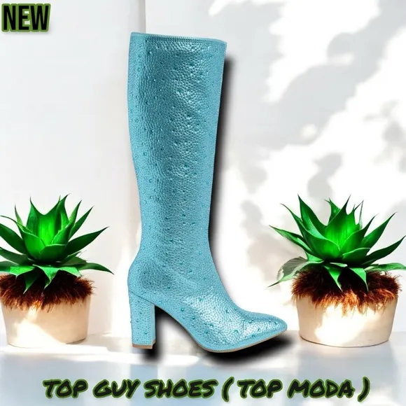 New TOP GUY Shoes ( TOP MODA ) Martha Rhinestone Boot Ice Blue Glitter