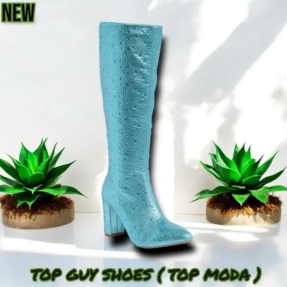 New TOP GUY Shoes ( TOP MODA ) Martha Rhinestone Boot Ice Blue Glitter
