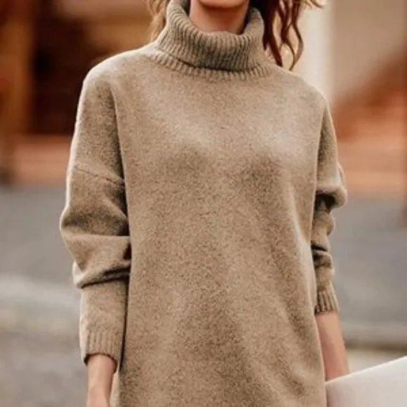 New Turtleneck Asymmetric Hem Oversized Knit Sweater In Light Khaki