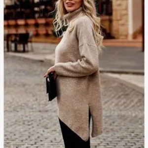 New Turtleneck Asymmetric Hem Oversized Knit Sweater In Light Khaki