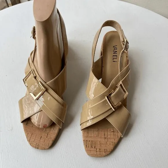 NEW! VANELi Clovis Block Patent Leather Ecru Sling Back Casual Sandals Low Hee