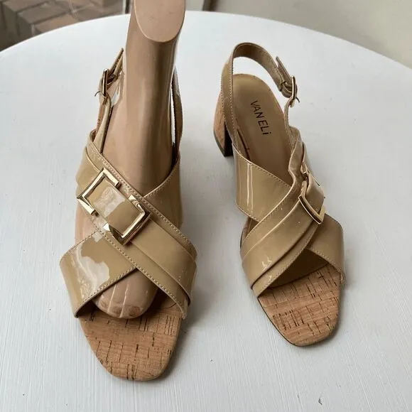 NEW! VANELi Clovis Block Patent Leather Ecru Sling Back Casual Sandals Low Hee