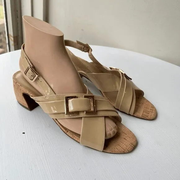 NEW! VANELi Clovis Block Patent Leather Ecru Sling Back Casual Sandals Low Hee