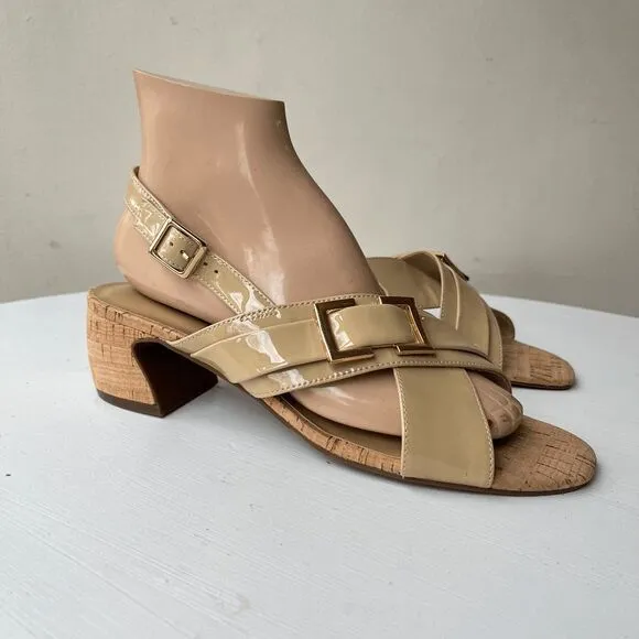 NEW! VANELi Clovis Block Patent Leather Ecru Sling Back Casual Sandals Low Hee