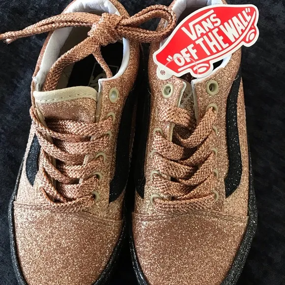 New VANS Kids Old Skool Shoes Party Glitter Black Rose Gold