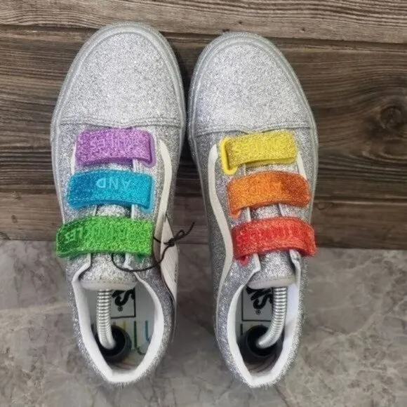 New VANS Old Skool Velcro Flour Shop Glitter Silver Shoes