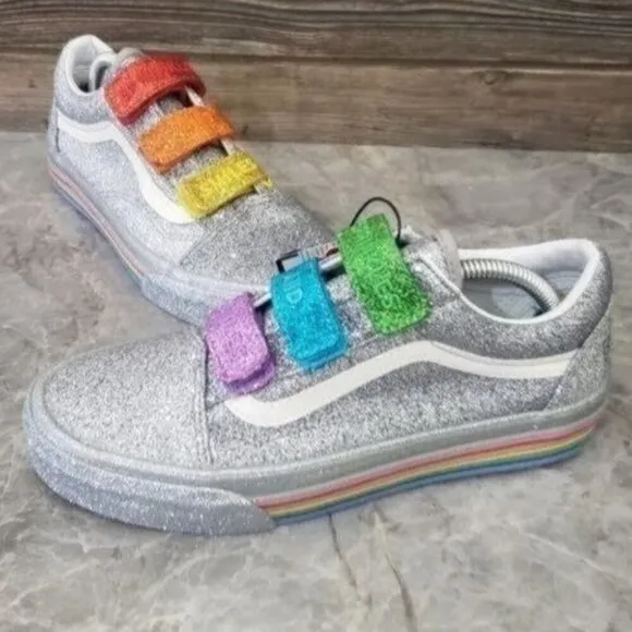New VANS Old Skool Velcro Flour Shop Glitter Silver Shoes