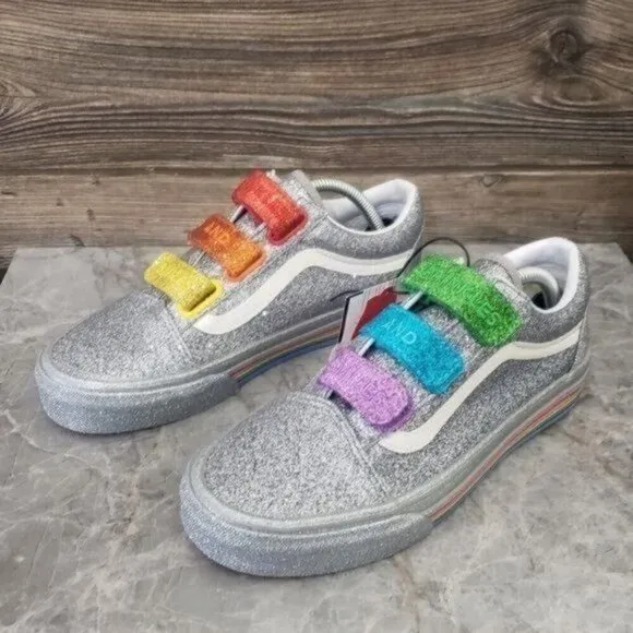 New VANS Old Skool Velcro Flour Shop Glitter Silver Shoes