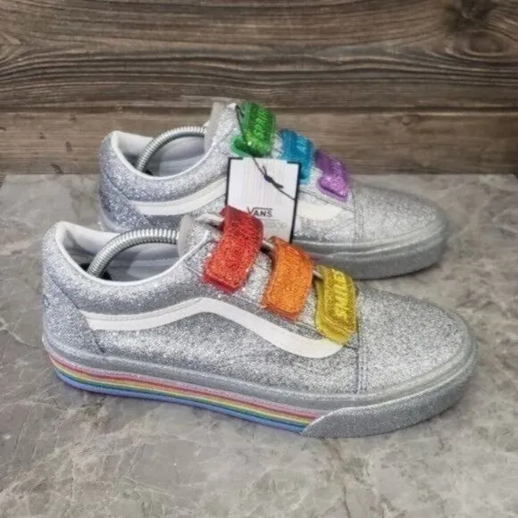 New VANS Old Skool Velcro Flour Shop Glitter Silver Shoes