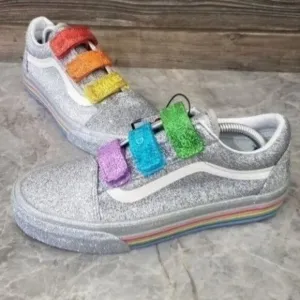 New VANS Old Skool Velcro Flour Shop Glitter Silver Shoes