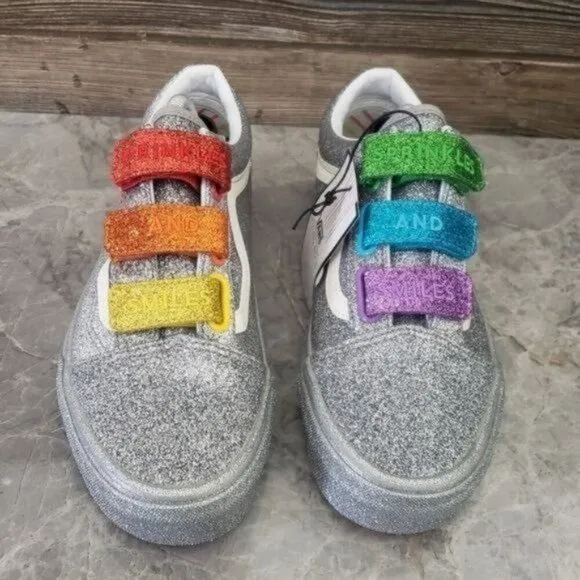 New VANS Old Skool Velcro Flour Shop Glitter Silver Shoes