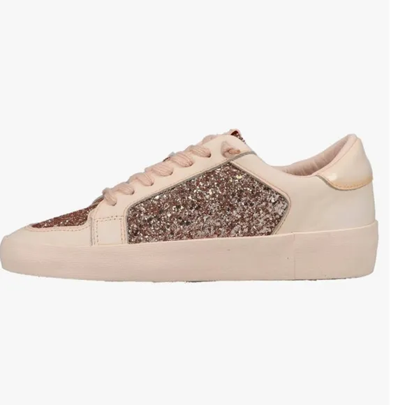 NEW Vintage Havana Womens Alexis 1 Glitter Leather Sneakers Blush Pink-Beige 7