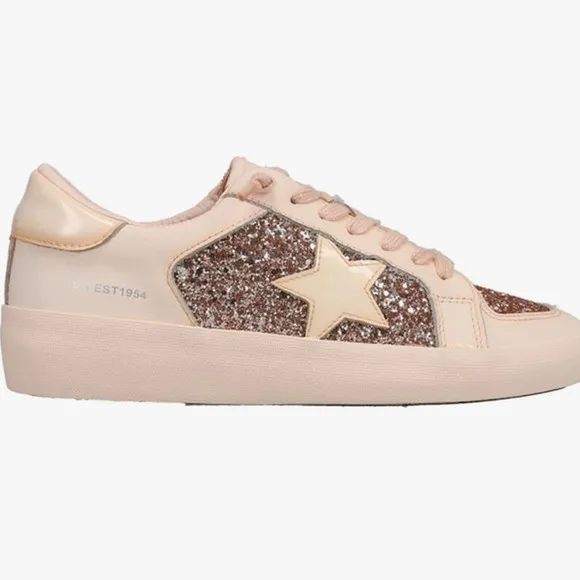 NEW Vintage Havana Womens Alexis 1 Glitter Leather Sneakers Blush Pink-Beige 7