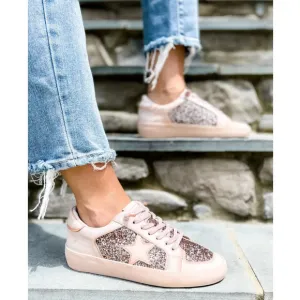 NEW Vintage Havana Womens Alexis 1 Glitter Leather Sneakers Blush Pink-Beige 7
