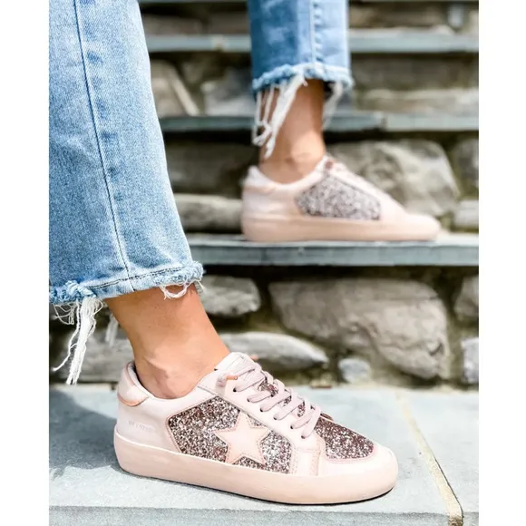 NEW Vintage Havana Womens Alexis 1 Glitter Leather Sneakers Blush Pink-Beige 7