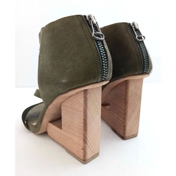 NEW VPL by LD Tuttle Olive Green Leather Sculpted Wood Heel Sandal 38.5 US 8.5