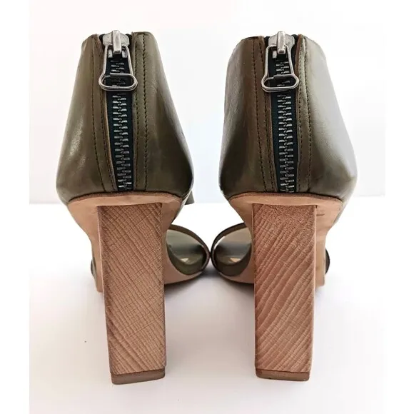 NEW VPL by LD Tuttle Olive Green Leather Sculpted Wood Heel Sandal 38.5 US 8.5