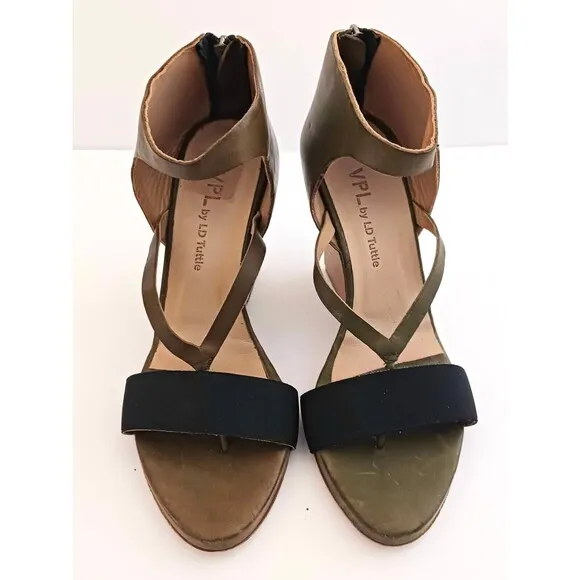 NEW VPL by LD Tuttle Olive Green Leather Sculpted Wood Heel Sandal 38.5 US 8.5